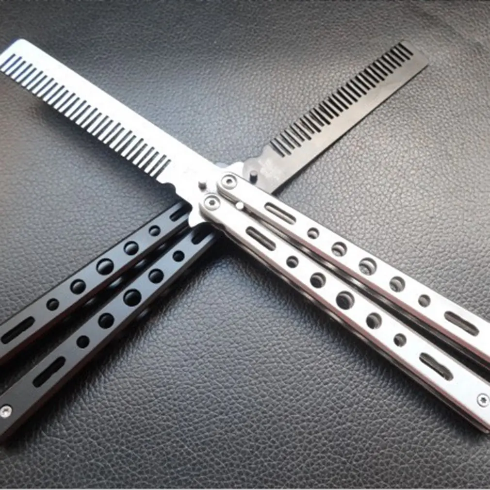 Professional Salon Stainless Steel Folding Butterfly Knife Hair Comb - Training and Styling Tool - Black/Silver image 3