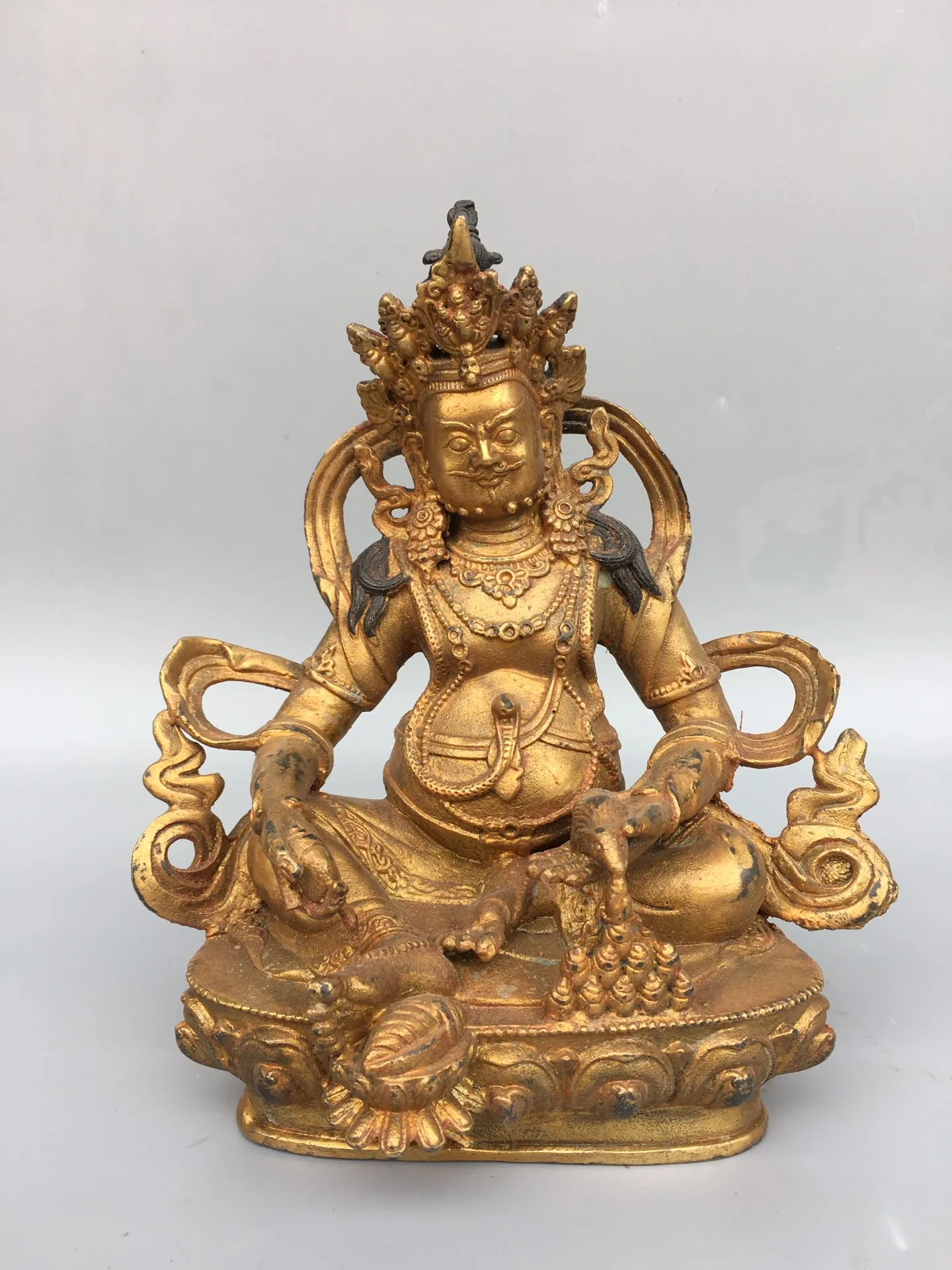 

8"Tibet temple Old Bronze Gilt Yellow God of Wealth Buddha Statue Huang Caishen Sitting Buddha Enshrine the Buddha