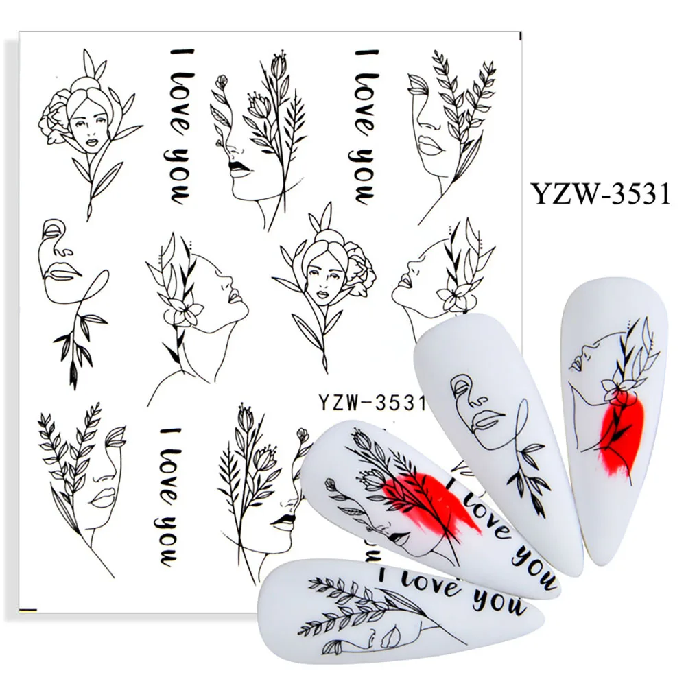 

Big Patten Words Flower Stickers Nail Art Sticker Geometric Black Nail Stickers Transfer Nail Decals Leaf Watermark Nails Decal