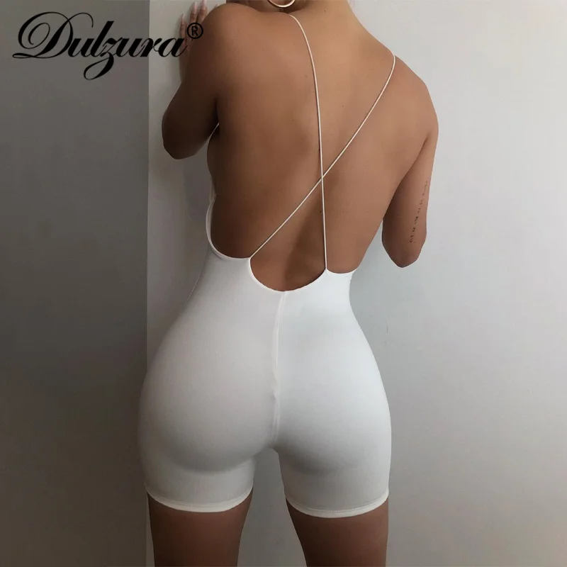 

Dulzura Solid Women Strap Playsuit V Neck Backless Bodycon Skinny Sporty Casual Sexy Streetwear 2021 Summer Clothes Combishort