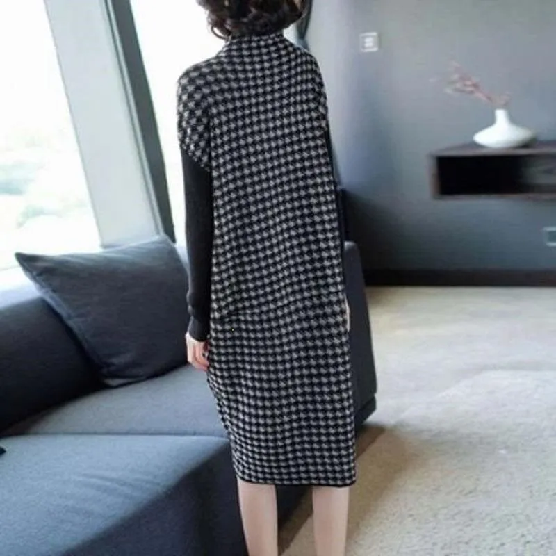 Женское винтажное платье в клетку размера плюс осенне-зимнее свободное до колена