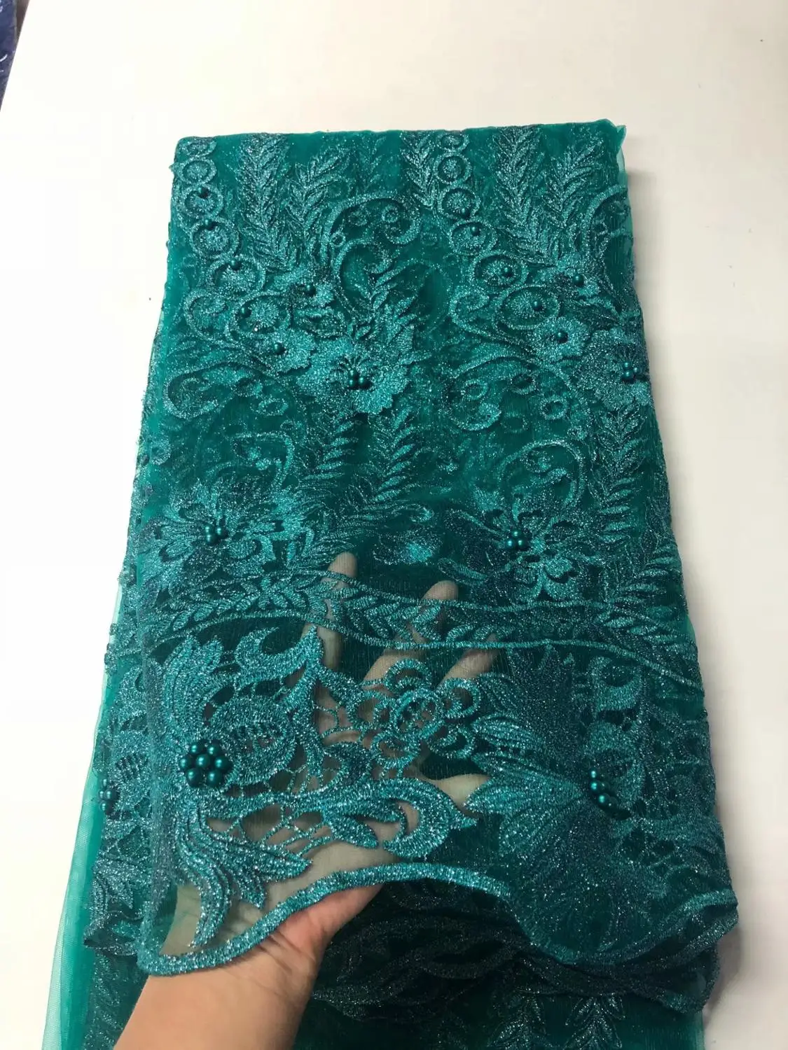 Высокое качество голубой зеленый бисер ручной работы кружевная вышивка