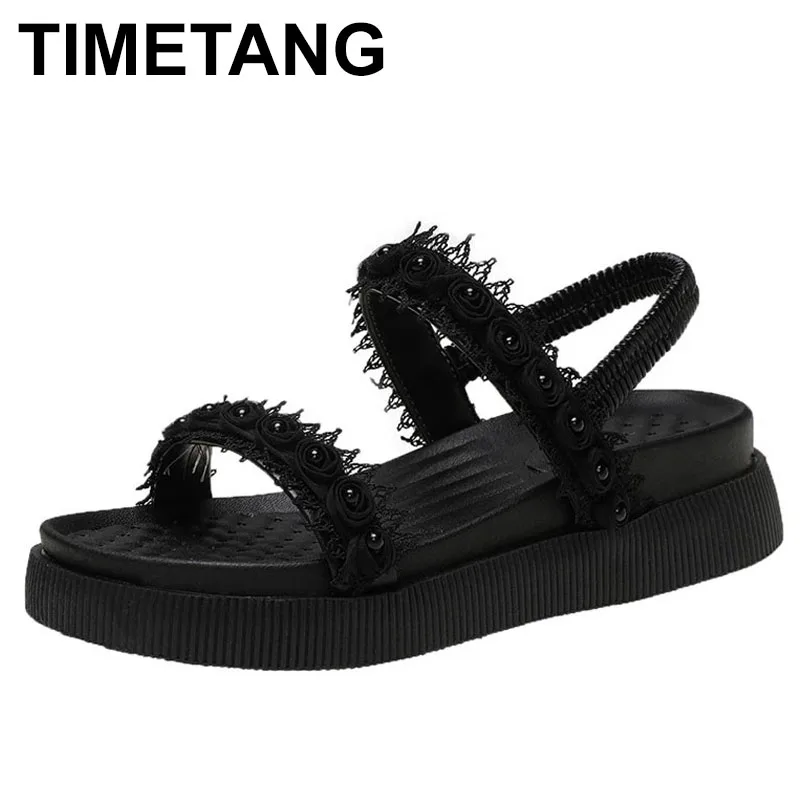 

TIMETANG женская обувь на платформе в стиле «панк» Эластичная лента с жемчугом и с бахромой; Удобные босоножки; Женские однотонные Ремешок на щи...