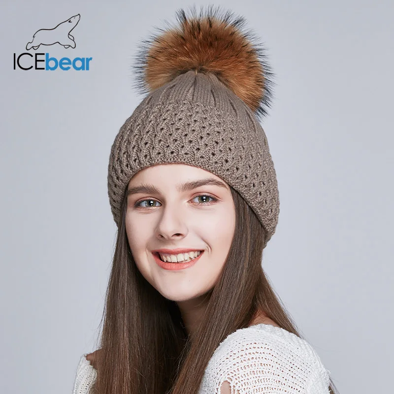 ICEbear женские шапки на осень и зиму с натуральным мехом лисы/енота, модные женские шапки с помпоном, E-MX18102Q - Цвет: 04D