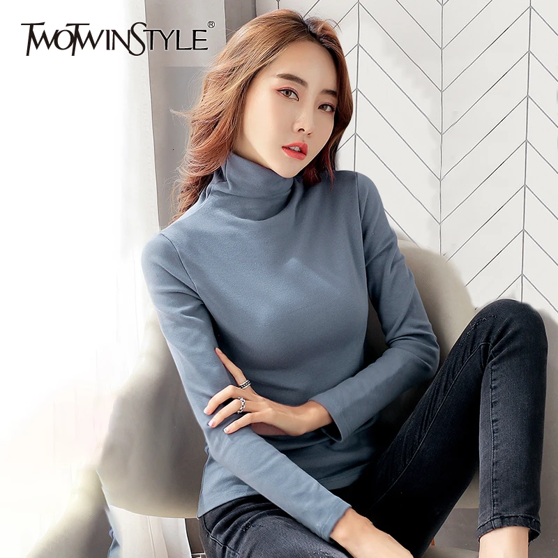 TWOTWINSTYLE Less Is More Корейская белая женская футболка с длинными рукавами водолазка