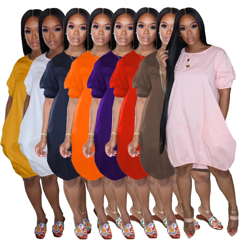 

New European casual solid color fashion dress loose o-neck short sleeve women's shirt skirt