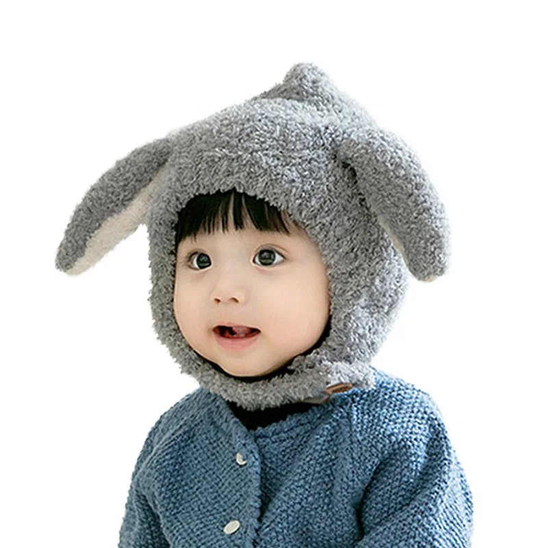 Gray rabbit ears Осенне-зимняя детская бейсболка дети теплые наушники ветрозащитная плюшевая шапка бальный торт берет шерстяной вязаный головной убор от 3 до 36 месяцев милый кролик - Цвет: Gray rabbit ears