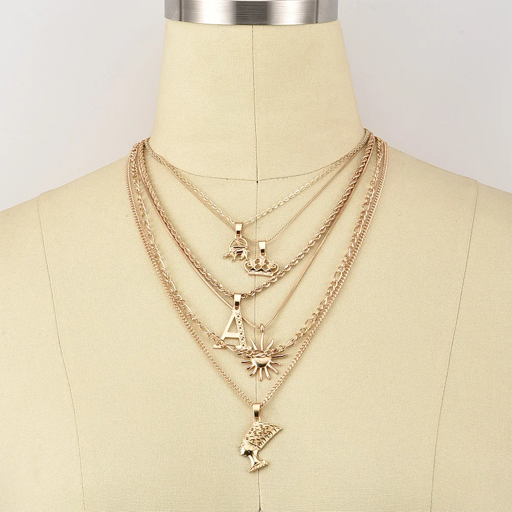 Fashion Gold Color Necklace Crown Sun Egypt Queen Head Pendant Necklaces for Women 2019 Jewelry Layered | Украшения и аксессуары