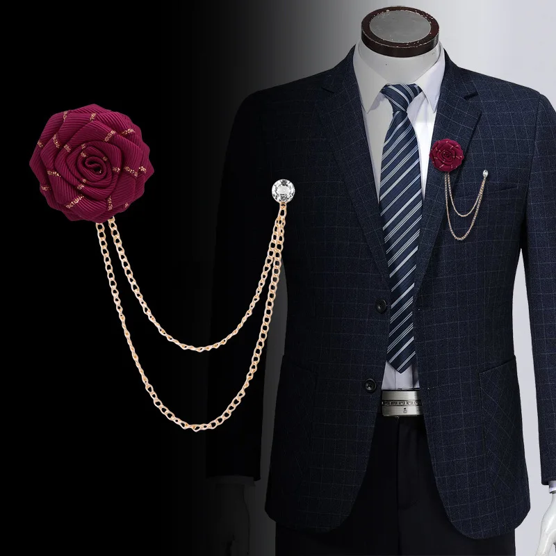 

Korean Color Rose Flower Camellia Diamond Collar Pin Fashion Suit Brooch Collar Chain Tassel Handmade Ribbon Cloth Diy Badge