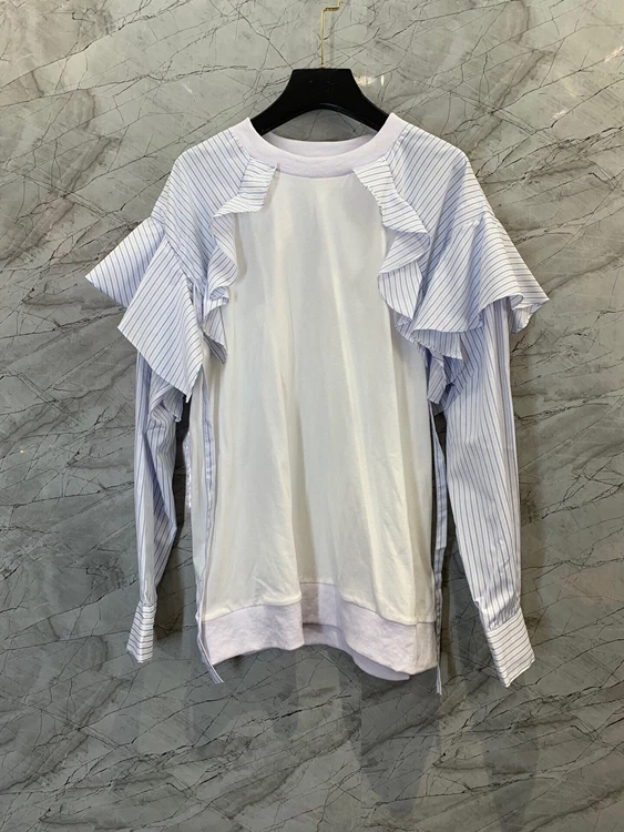 

2021 new women fashion round neck color matching stitching striped pullover long sleeve all-match sweater 918