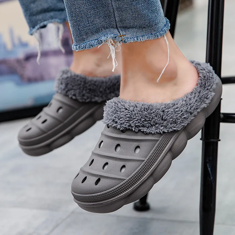 

2021 Winter New Plus Velvet Flat Heel Warm Home Cotton Slippers Lovers Indoor Mao Mao Cotton Slippers Hole Shoes