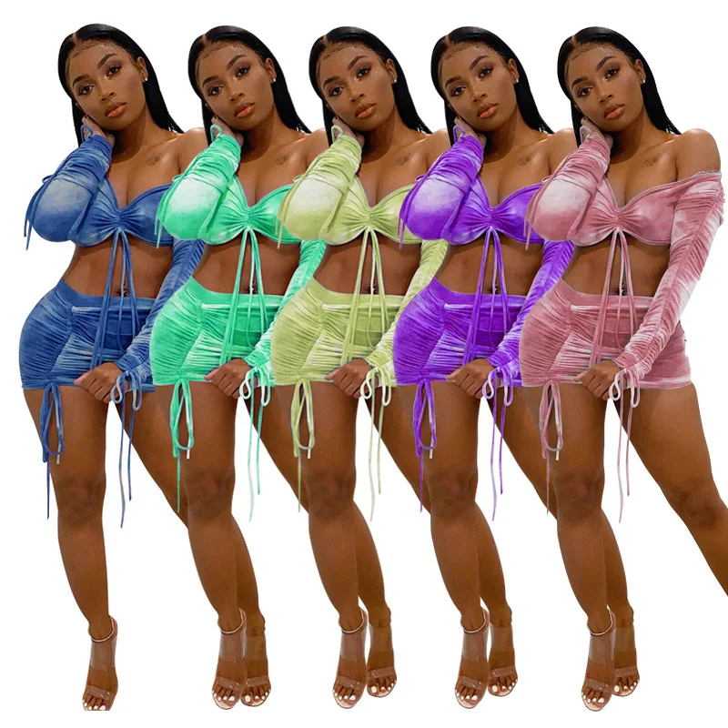 

Summer Women Two Pieces Sets Dresses tie-dye Print V-neck Crop Tops + Stacked mini Skirts Suits Sexy Night Club Party Tracksuits