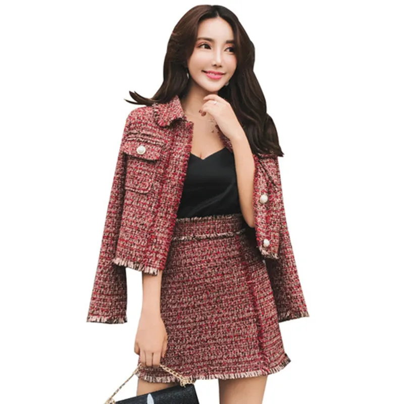 Picture color Women Skirt Sets Winter Europe Ladies Tassel Woolen Tweed Jacket+ Short Skirt Suits Elegant Two Piece Womens Clothing Sets - Цвет: Picture color