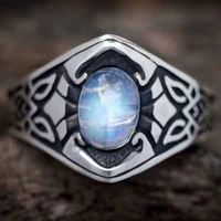 vintage gothic ring with oval moonstone geometric pattern 925 silver viking punk jewelry for women men wedding party dainty gift