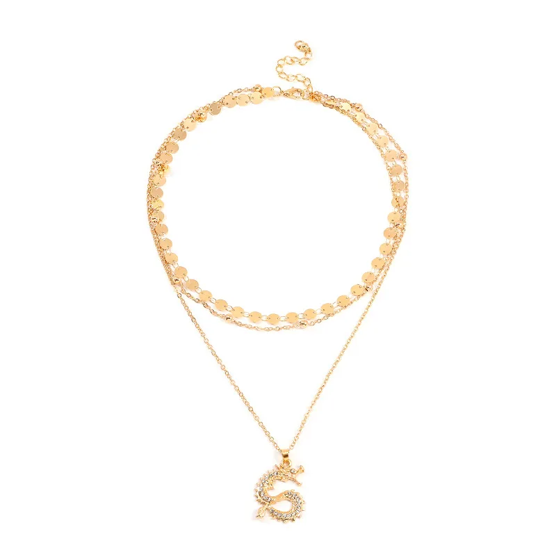 

Fashion Zodiac Dragon Necklace Girls 2020 New Arrival Geometric Round Plate 3 Layers Gold Chain Necklaces Jewelry For Women