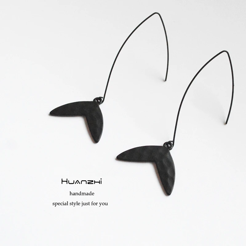 HUANZHI 2019 New Surface Bump Irregular Scrub Black Fish Tail Pendant Long Drop Earring for Women Girls Party Dark Jewelry Gifts | Украшения