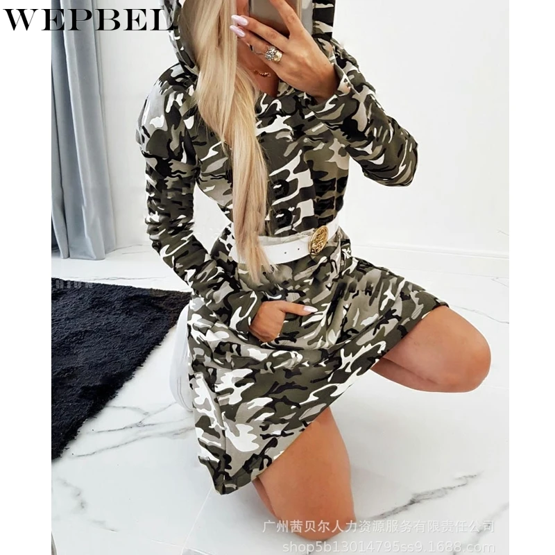 

WEPBEL Fashion Long Sleeve Dress Women's Casual Camouflage Print Pocket Dress Autumn Hooded V-neck Dress