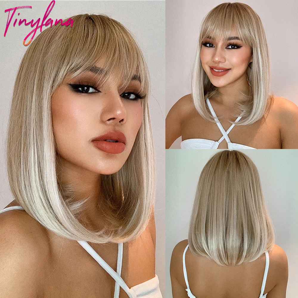 Short Straight Bob Synthetic Wig with Bangs for Women Ombre Brown Blonde Hair Wigs Cosplay Daily Natural Hair Heat Resistant