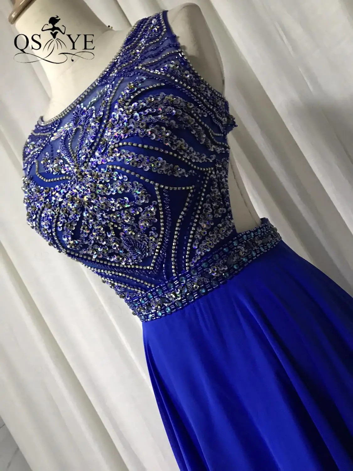 

QSYYE Broken Size Royal Blue Prom Dress Chiffon Long Evening Dress Elegant Scoop Neck Beads Bodice Open Back Woman Party Dress