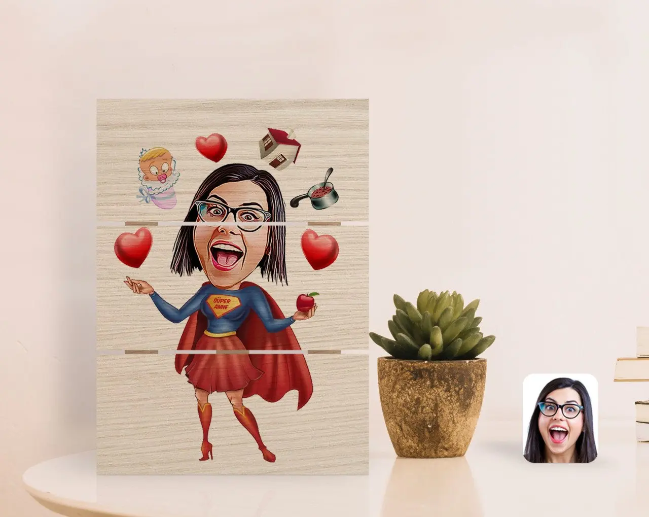 

Персонализированная карикатура Super Mom для подставки под деревянный поддон e-1