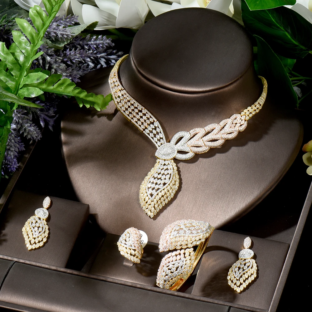 

HIBRIDE Shiny Long Big Geometric Cubic Zircon Jewelry Set 3 Tone Gold Women Engagement Party Earrings Luxury N-1786
