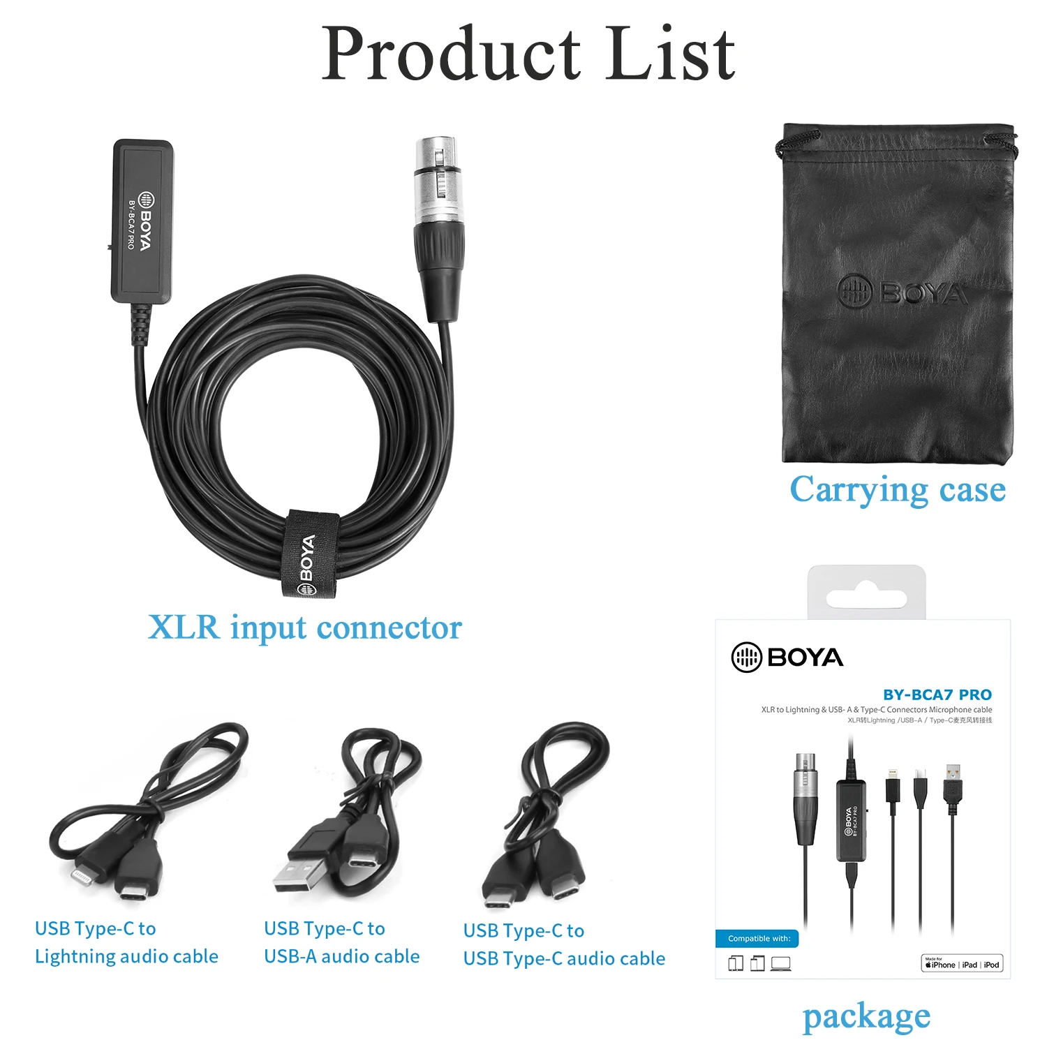 

BOYA BY-BCA7 PRO XLR to Lightning USB-A Type-C Connectors Microphone cable for iPhone iPad PC Windows Vlog Live Stream Interview