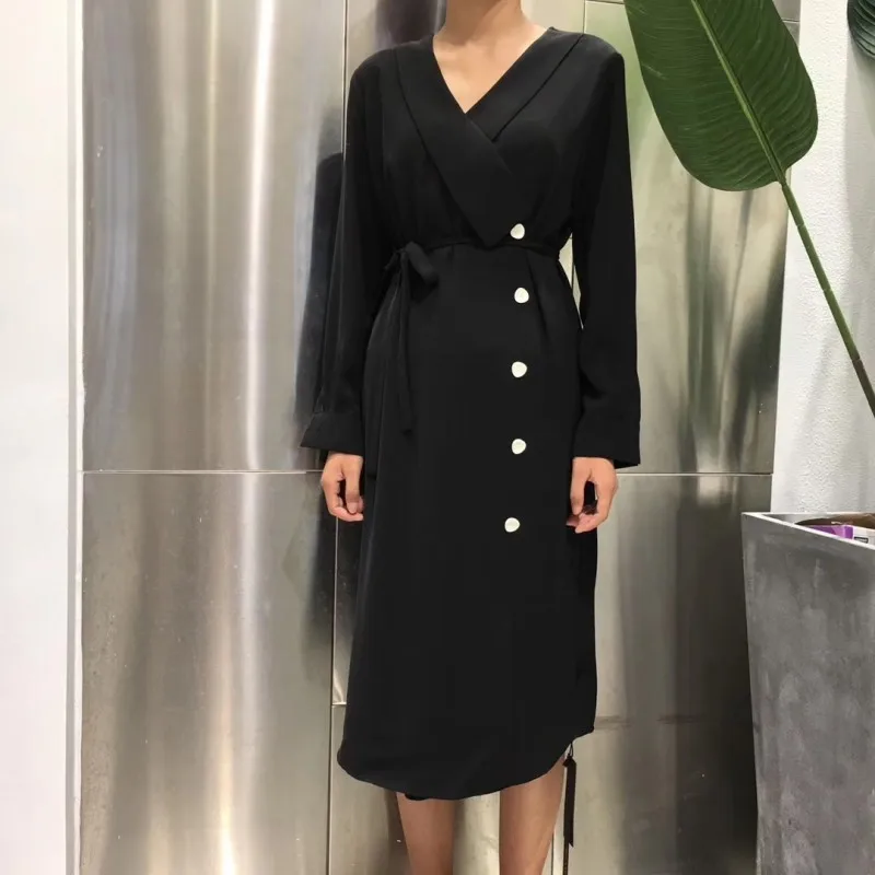 Женское прямое платье normcore синее до колена с длинным рукавом и большим отворотом