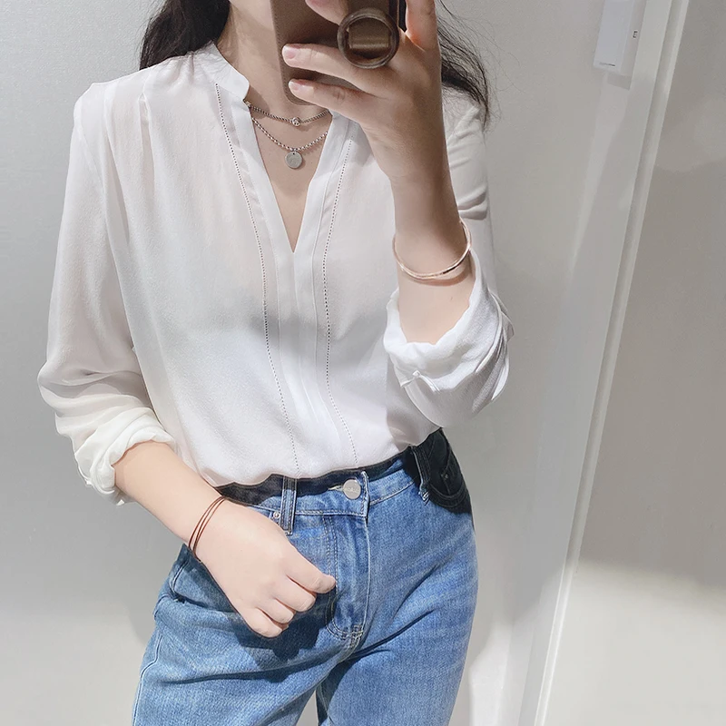 Женская рубашка с v образным вырезом однотонный топ из 100% шелка для офиса длинным