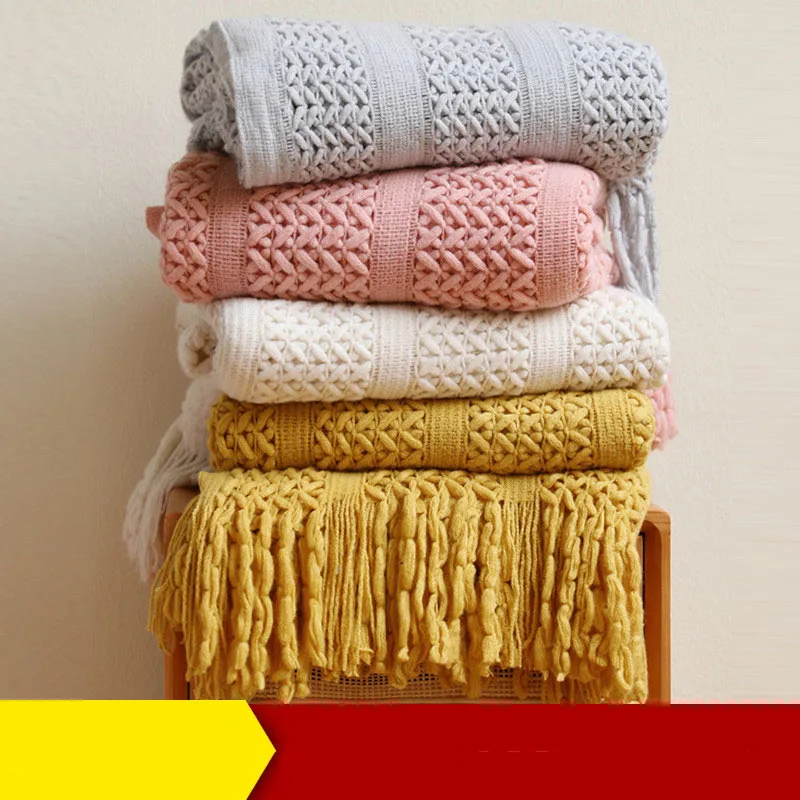 

Nordic Knitted Hollow Out Sofa Blanket with Tassels Solid Color Siesta Shawl Blankets Hotel Bed End Decorative Blankets for Beds