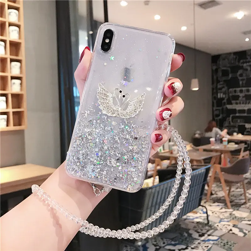 Luxury Bling White Swan Glitter Phone Case For iphone X XR 11 Pro XS MAX 6 6S 7 8 Plus Shining Transparent Soft TPU Cover |