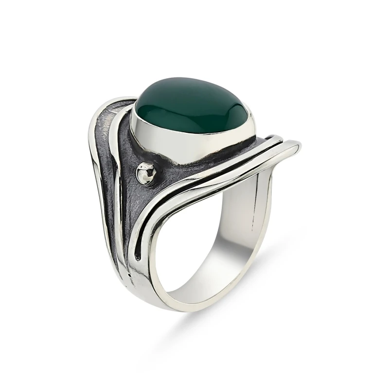

Silverlina Silver Green Agate Stone Handwork Ring