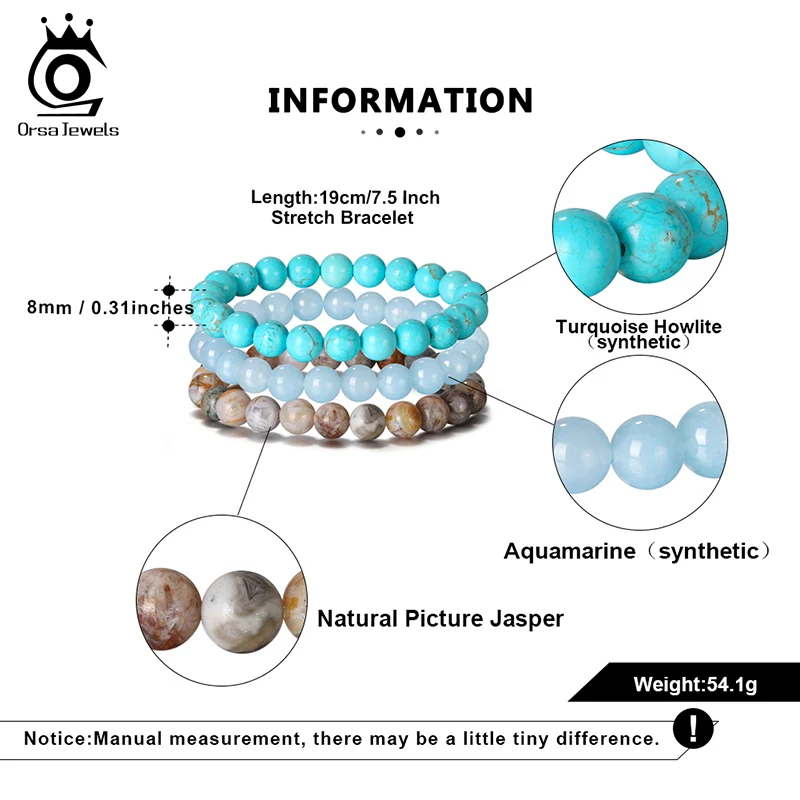 Браслет ORSA JEWELS 3 шт./компл. бирюзовый с бусинами из говлита Аквамариновый камень