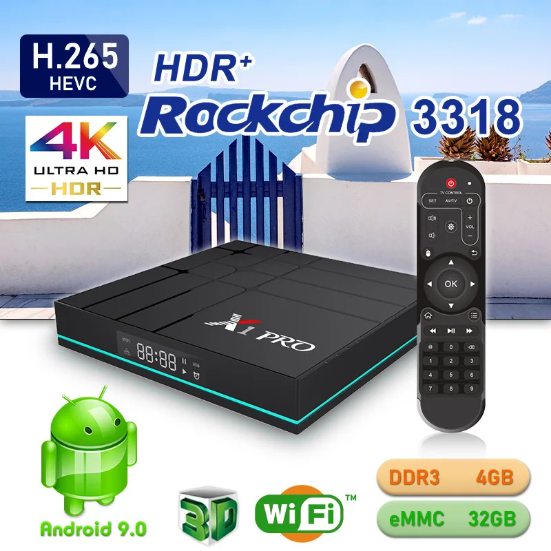 X1 Pro Android 9 Smart TV BOX Google Assistant RK3318 4K 3D HD 4 ГБ 64 2 г 5G Wifi ТВ Play Store Бесплатные приложения