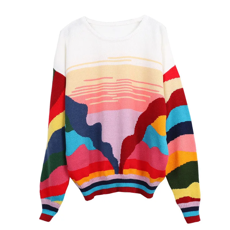 Женский трикотажный пуловер в радужную полоску с круглым вырезом | Женская