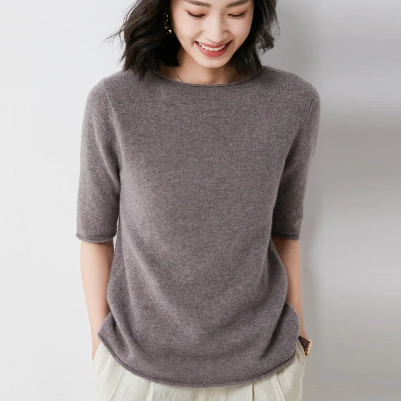 

Spring O neck warm soft Sweater women's wear solid color knit pullover five-point sleeve pullover sweater bottom woolen jumpers