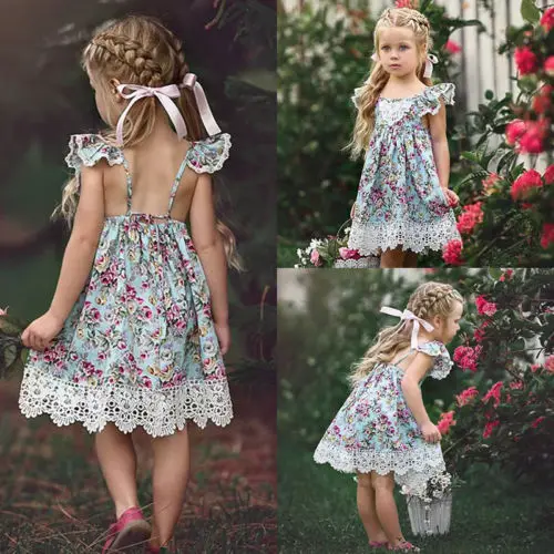 Summer Hot Sell Cute Kids Baby Flower Girls Flying Sleeve Backless Dress Lace Patchwork Floral Party Pageant Princess Dresses | Детская