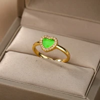 green stone zircon heart rings for women multicolor dripping oil love heart ring wedding engagement ring stainless steel jewelry