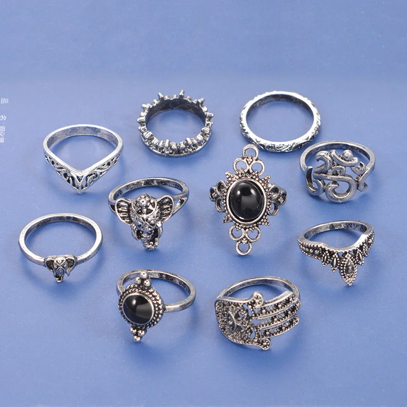 

10pcs set ring bohemian style ring set retro elephant palm water drop ring ten piece set for female jewelry gift birthday gift