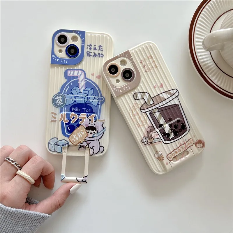 

Cute South Korea Milk Tea Folding Bracket Anti-fall Couple Soft Case For Iphone 11 12 13 Pro Max 7 8 Plus Xr X Xs Cover Fundas