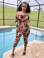 jumpsuit women european and american autumn new leopard drawstring pleated one shoulder jumpsuit