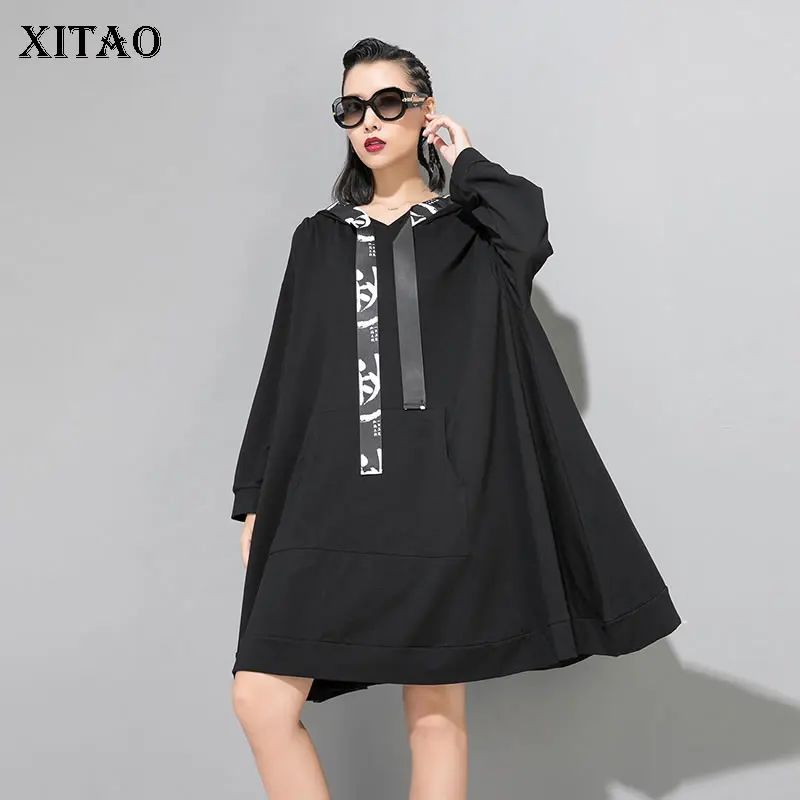 Женское платье с асимметричным подолом XITAO Черное мини капюшоном на осень GCC1427