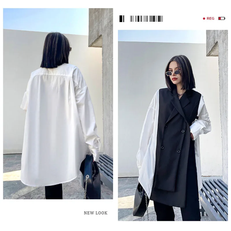 

2021 INS Street Trend Women White Blouse Patched Black Asymmetrical Tops Plus Size Tailored Collar Spring Shirt Blusas Mujer