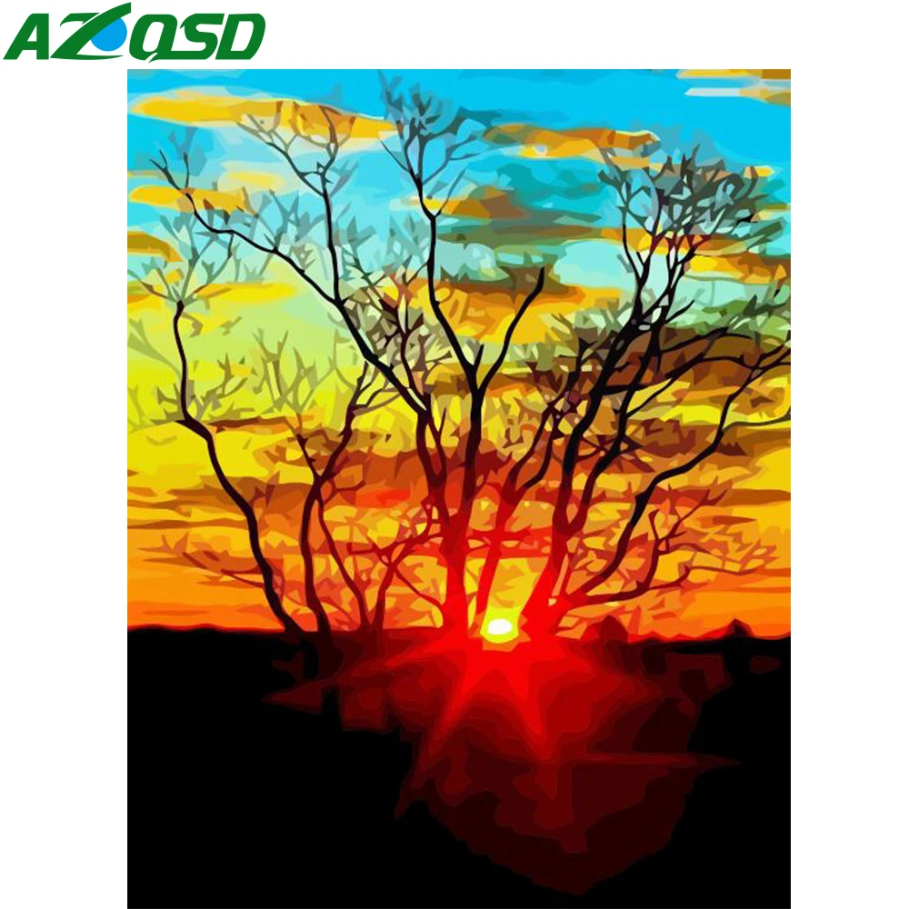 AZQSD Unframe DIY Краска для масла по номерам пейзаж на холсте акриловая краска