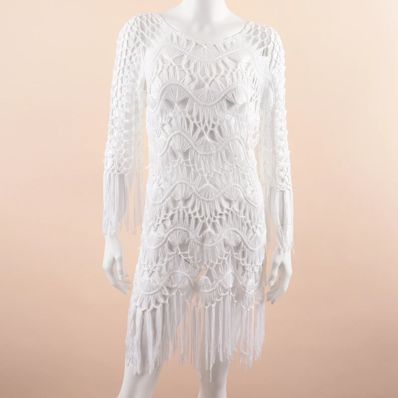 

A2233 Elegant White Handmade Crochet Beach Dress See-Through Sexy Beachwear Tunic Women Beach Outing Swimming Suit One Piece