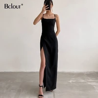 bclout sexy black spaghetti strap long dress for women summer party backless split bodycon dress women ankle length elegant robe