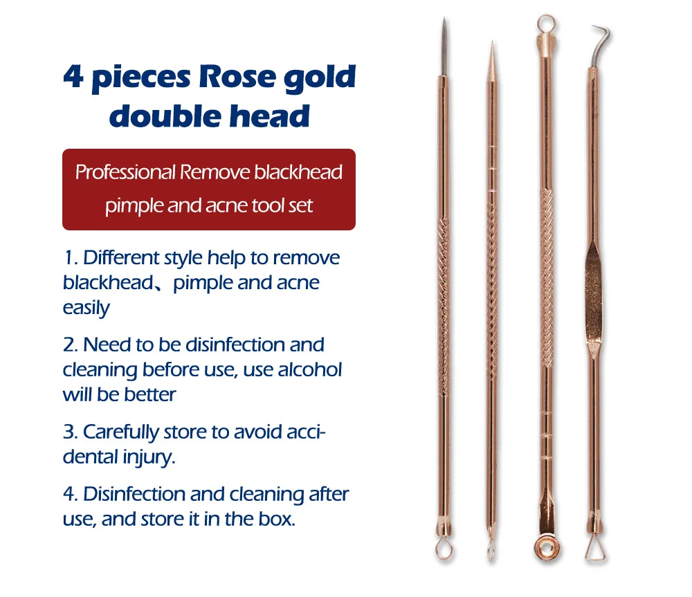 4PCS/lot Rose Gold Acne Removal Needle Face Clean tools Pimple Remover Extractor Blackhead Acne Treatment Needle Cleaner Tools