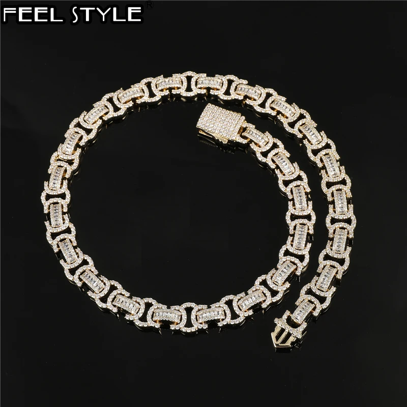 

Hip Hop 13MM Byzantine Baguette Bling Iced Out Copper Setting AAA+ CZ Stones Heavy Necklace For Men Women Jewelry