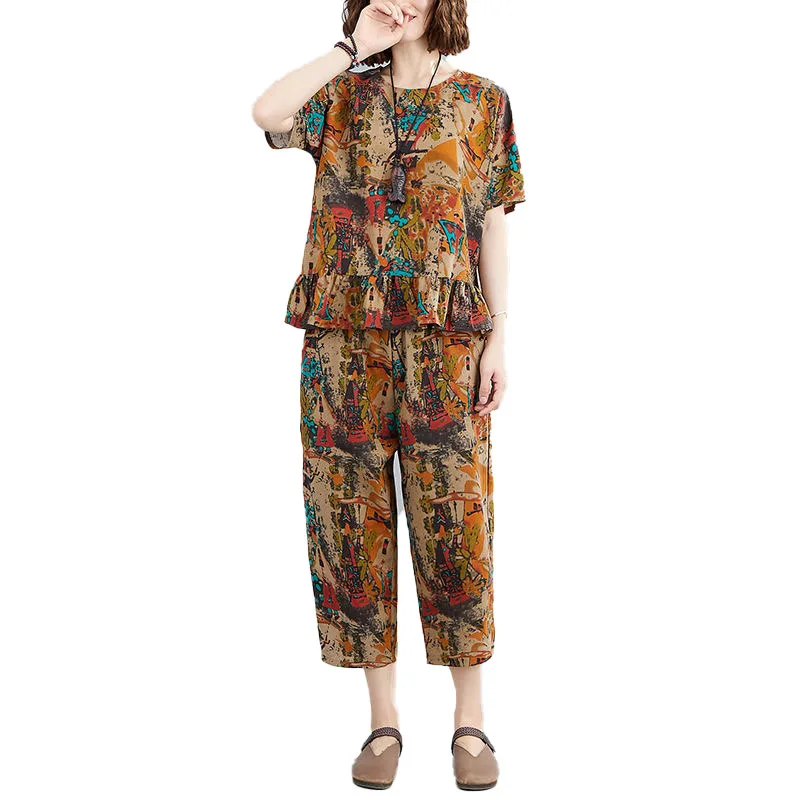 

Cotton Plus Size Vintage floral Summer Casual 2 Two Piece Set Loose Tee T Shirt Women 2021 Tops Wide Leg Pants 4XL 5XL