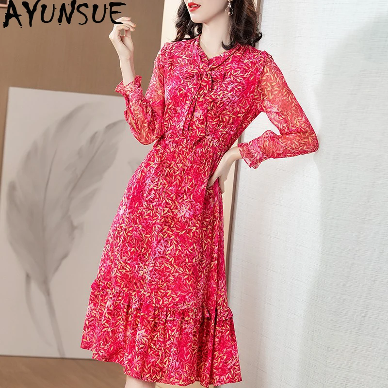 100% Real Silk Summer Dress 2020 Vintage Elegant Midi Office Dress Women Clothes Ladies Dresses Long Sleeve Dress Vestidos MY