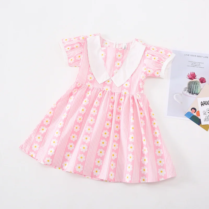 

Summer New Arrival Korean style cotton short sleeve flowers pattern V-shaped lapel princess dress for cute sweet baby girls